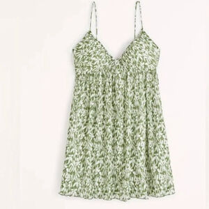 Abercrombie & Fitch Mini Dress Green white Plisse Ruched Babydoll floral summer